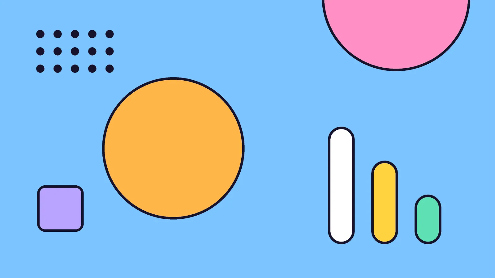 Abstrakte Illustration auf hellblauem Grund: ein großer orangefarbener Kreis wie eine Münze, drei abgerundete Balken, die von links nach rechts kleiner werden, ein rosa Halbkreis am oberen Rand, ein violettes Quadrat und ein Punktraster